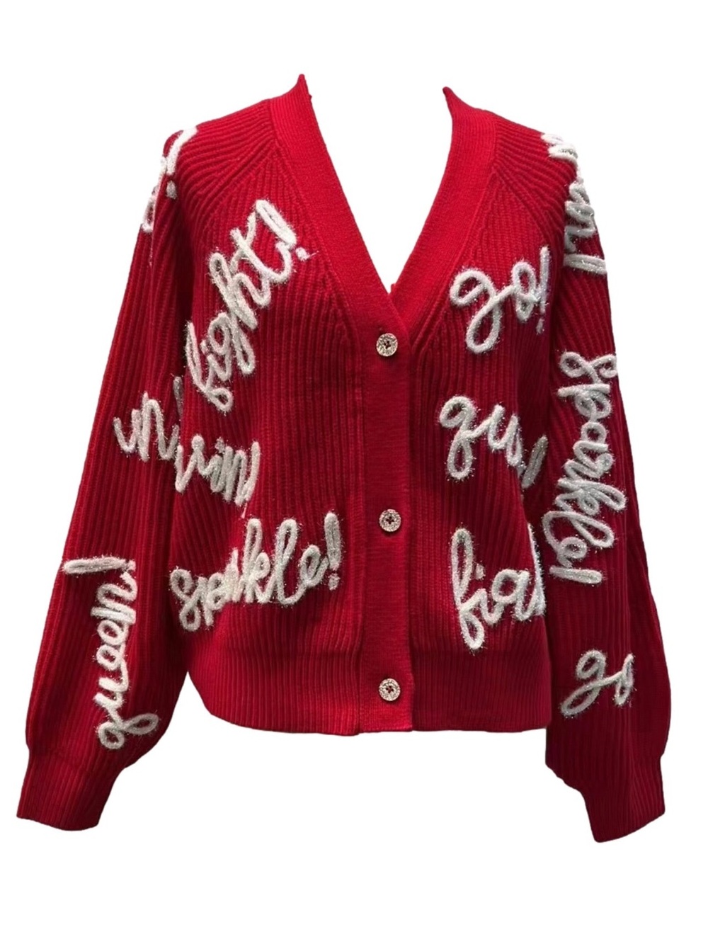 QUEEN OF SPARKLES Red V-Neck Ribbed Cardigan with White Script Appliqué